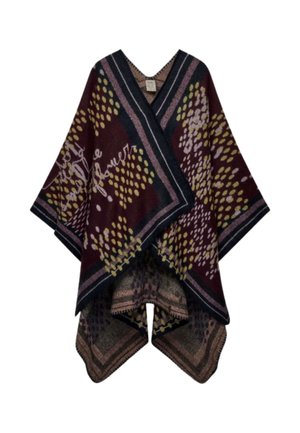 Poncho rosso scuro e nero con motivi a pois gialli e rosa e bordo decorativo, apertura frontale e vestibilità ampia, realizzato in tessuto intrecciato.