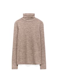 Brązowy, długi rękaw, golf wykonany z miękkiej, teksturowanej dzianiny. Posiada wysoki kołnierz oraz luźny krój z opadającymi ramionami.