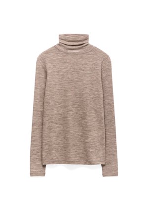 Brown, long-sleeve turtleneck top made of a soft, textured knit fabric. Features a high neck and relaxed fit with dropped shoulders.