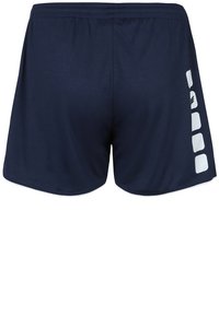 Marineblauwe shorts met een gladde textuur, voorzien van een wit geometrisch patroon aan de linkerkant en een elastische tailleband voor comfort.