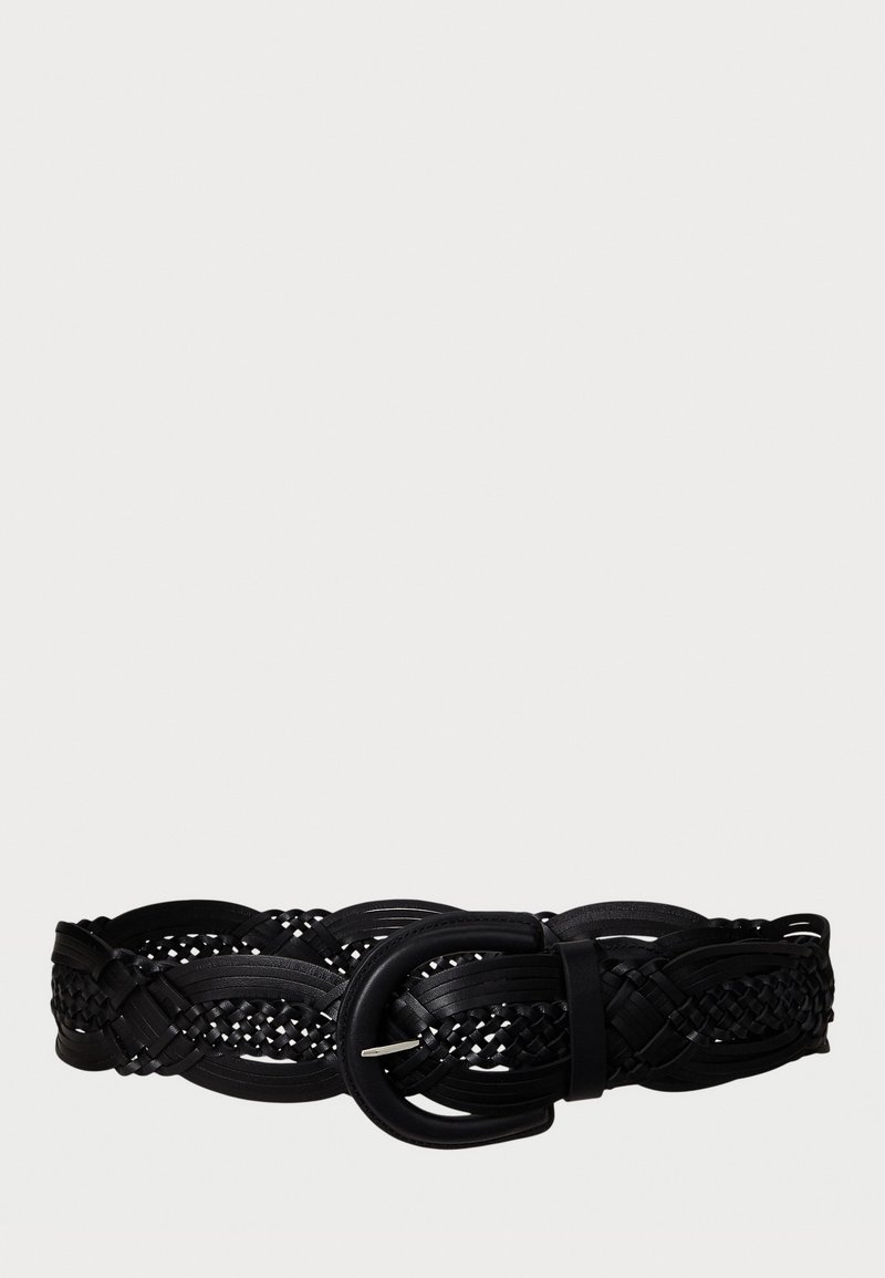 Ceinture en cuir tressé noir avec une boucle ronde, un design tressé complexe et une texture lisse, adaptée à diverses tenues.