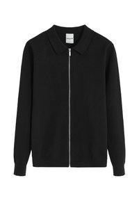 Gilet noir avec col arrondi, manches longues et fermeture éclair à l'avant. Fabriqué en matériau tricoté texturé, avec un design épuré.