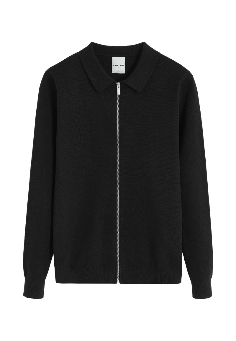 Gilet noir avec col arrondi, manches longues et fermeture éclair à l'avant. Fabriqué en matériau tricoté texturé, avec un design épuré.