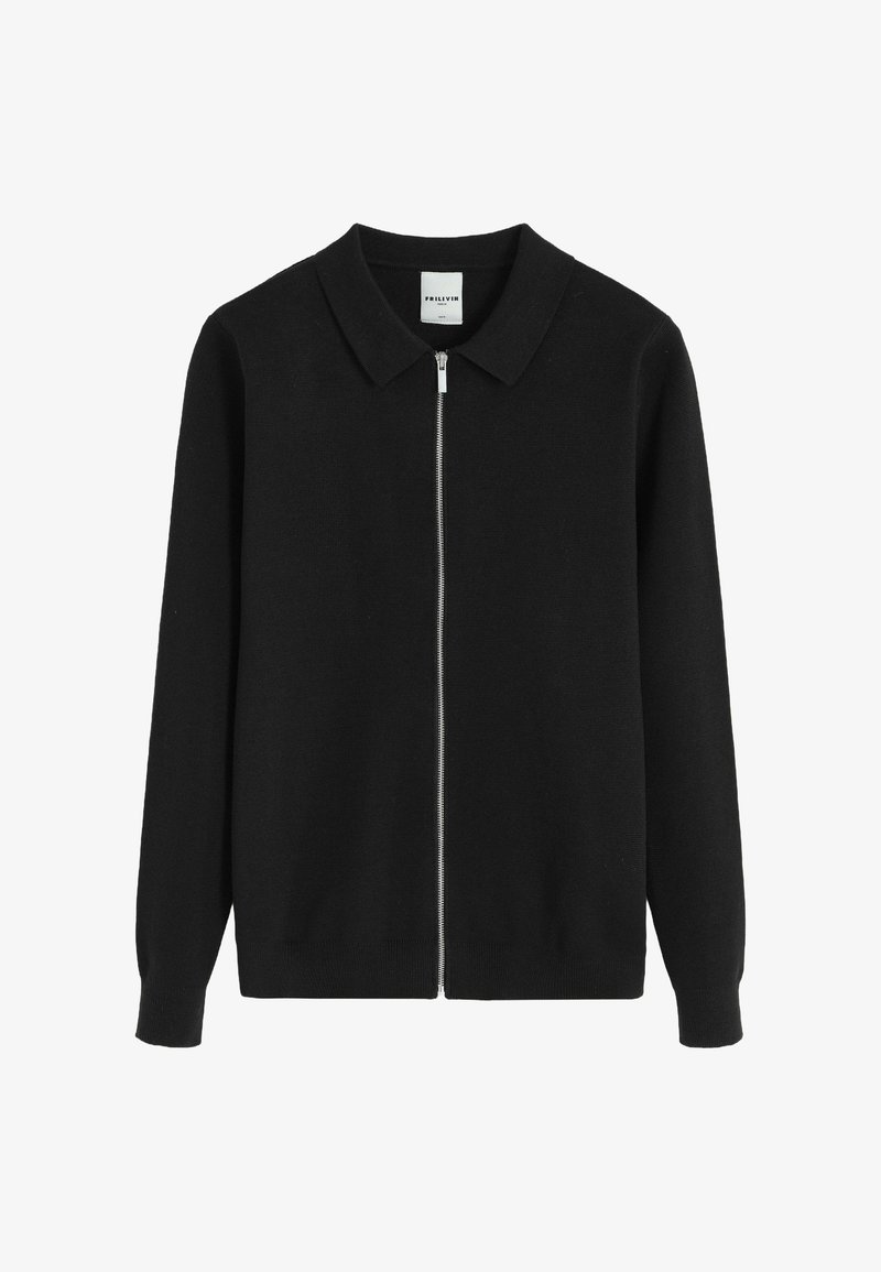 Gilet noir avec col arrondi, manches longues et fermeture éclair à l'avant. Fabriqué en matériau tricoté texturé, avec un design épuré.