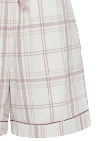 Plaid shorts in white, pink, and beige. Made from soft fabric, featuring a relaxed fit, hemmed edges, and a drawstring waistband for adjustment.