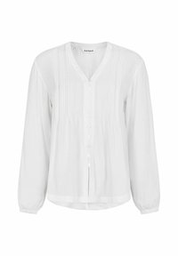 Blusa bianca a maniche lunghe con scollatura a V, pieghe verticali, chiusura frontale con bottoni e polsini elasticizzati. Realizzata in un tessuto leggero e morbido.