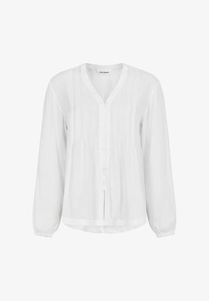 Vit långärmad blus med V-ringning, vertikala veck, knappstängning fram och elastiska manschetter. Tillverkad av ett lätt och mjukt tyg.