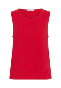 Top sin mangas rojo con escote redondo, hecho de una tela suave. Presenta un corte holgado y líneas limpias sin adornos.