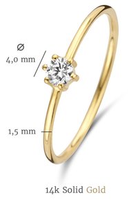 14-karätiger Solidegoldring mit einem 4 mm runden Diamanten, ausgestattet mit einem dünnen Ringband mit einem Durchmesser von 1,5 mm und sechs Krappen zur Steinsetzung.