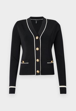 Cardigã preto com decote em V, acabamento branco, botões dourados e dois bolsos frontais, com punhos e barra canelados.