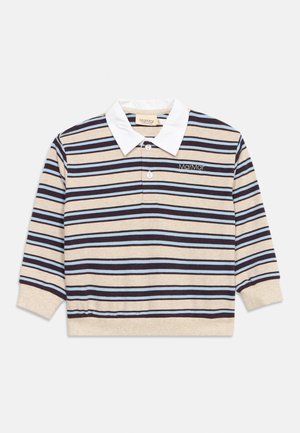 Beige langermet poloshirt med blå og svarte horisontale striper, hvit krage, to knapper foran og "MarMar"-logo på brystet.