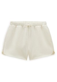 Cremefarvede strikkede shorts med struktur, elastisk talje og snøre, med sideskår og buede sømme.