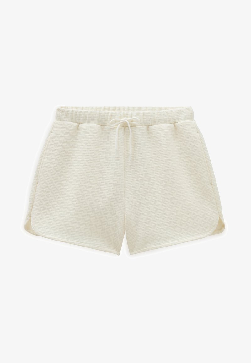 Cremefarvede strikkede shorts med struktur, elastisk talje og snøre, med sideskår og buede sømme.