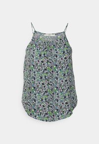 Blomstret tanktop lavet af letvægtsstof, med en sort baggrund og grønne samt pink blomster mønstre, slanke justerbare stropper.