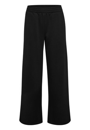 Czarne spodnie z szerokimi nogawkami, z elastycznym pasem, prostym krojem, bez widocznych kieszeni ani zdobień na białym tle.