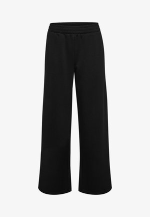 Czarne spodnie z szerokimi nogawkami, z elastycznym pasem, prostym krojem, bez widocznych kieszeni ani zdobień na białym tle.