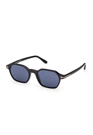 Gafas de sol octagonales negras con lentes azul oscuro. El grueso marco de acetato presenta acentos dorados en las patillas. Diseño elegante y moderno.