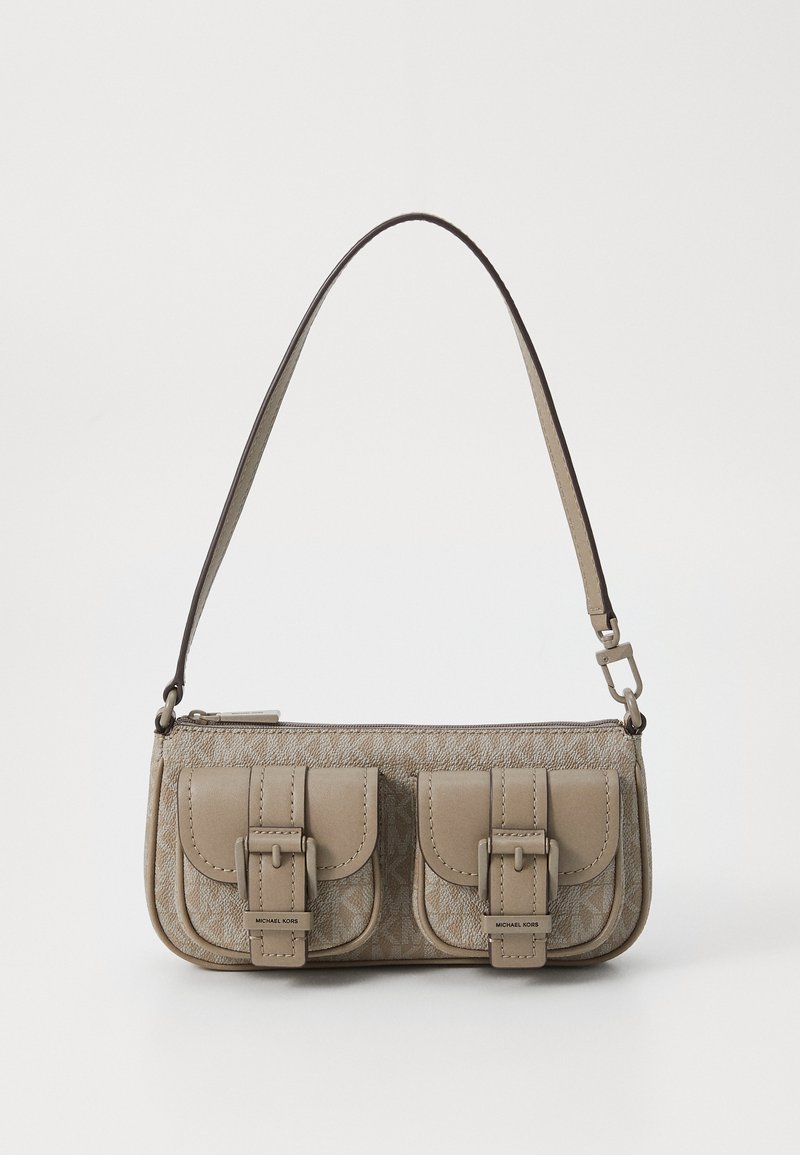 Beige handbag with dual buckle accents, textured surface, zip closure, and a single adjustable strap. Features logo detail on the front.