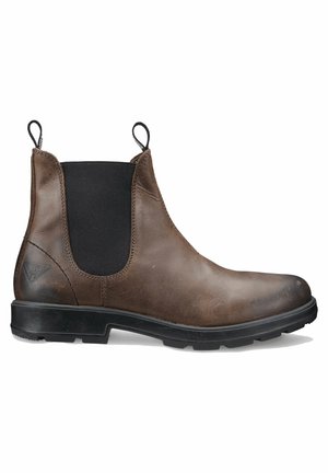 Stivale Chelsea in pelle marrone con pannelli elastici neri ai lati, linguette di pull e suola in gomma resistente. Texture liscia con una leggera lucentezza.
