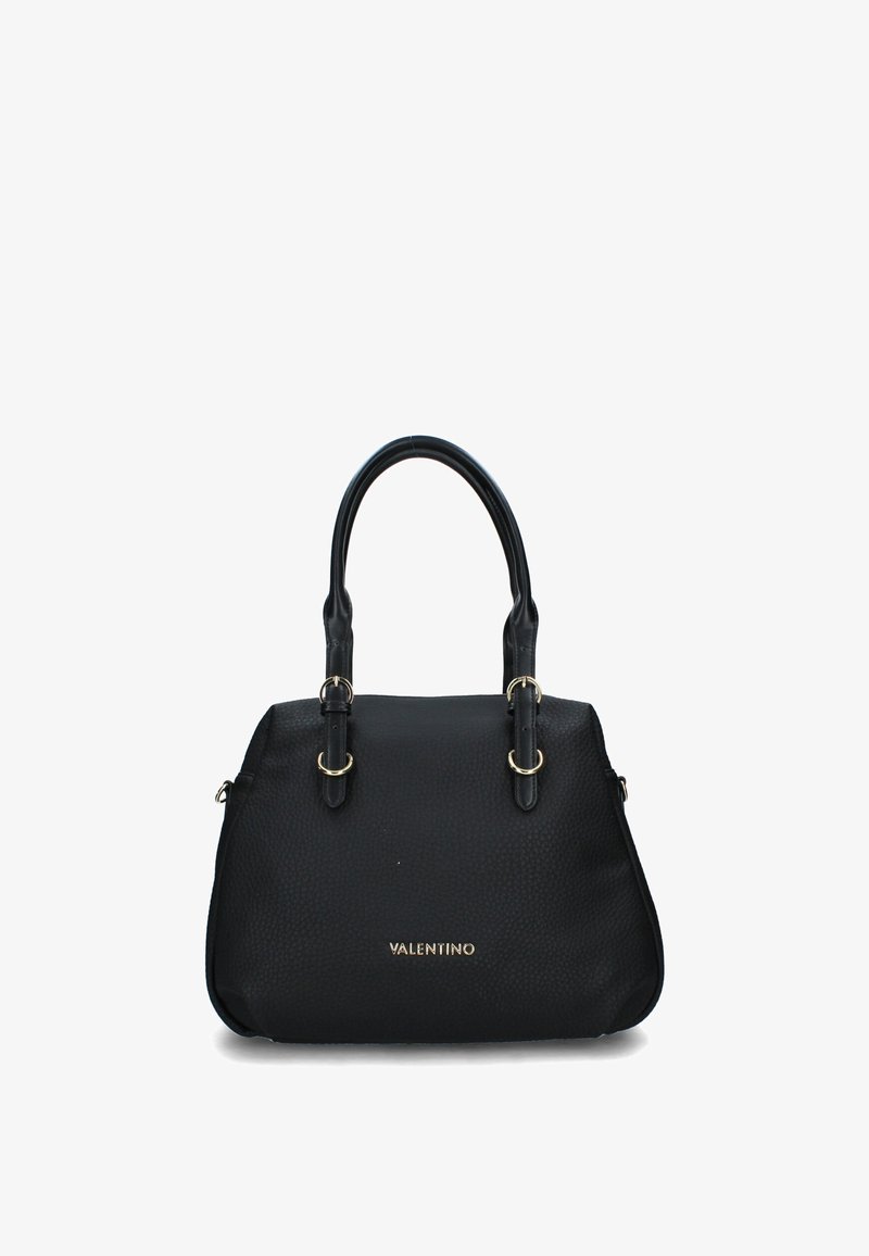 Bolso de cuero negro con superficie texturizada, doble asa con herrajes en tono dorado, forma estructurada y detalle del logo en el frente.