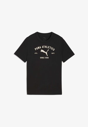 Čierne bavlnené tričko s okrúhlym výstrihom, krátkymi rukávmi a prednou grafikou s nápisom „PUMA ATHLETICS“ spolu s logom a rokom založenia.