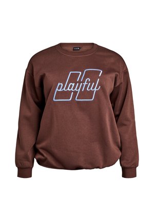 Hnědá mikina s volným střihem, žebrovanými manžetami a výstřihem. Na přední straně je nápis „playful“ v světle modrém kurzívním písmu. Měkká textura.
