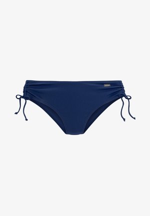 Navy modri bikini dno iz rebraste tkanine z nastavljivimi stranskimi vozli in majhnim kovinskim odtenkom na pasu.