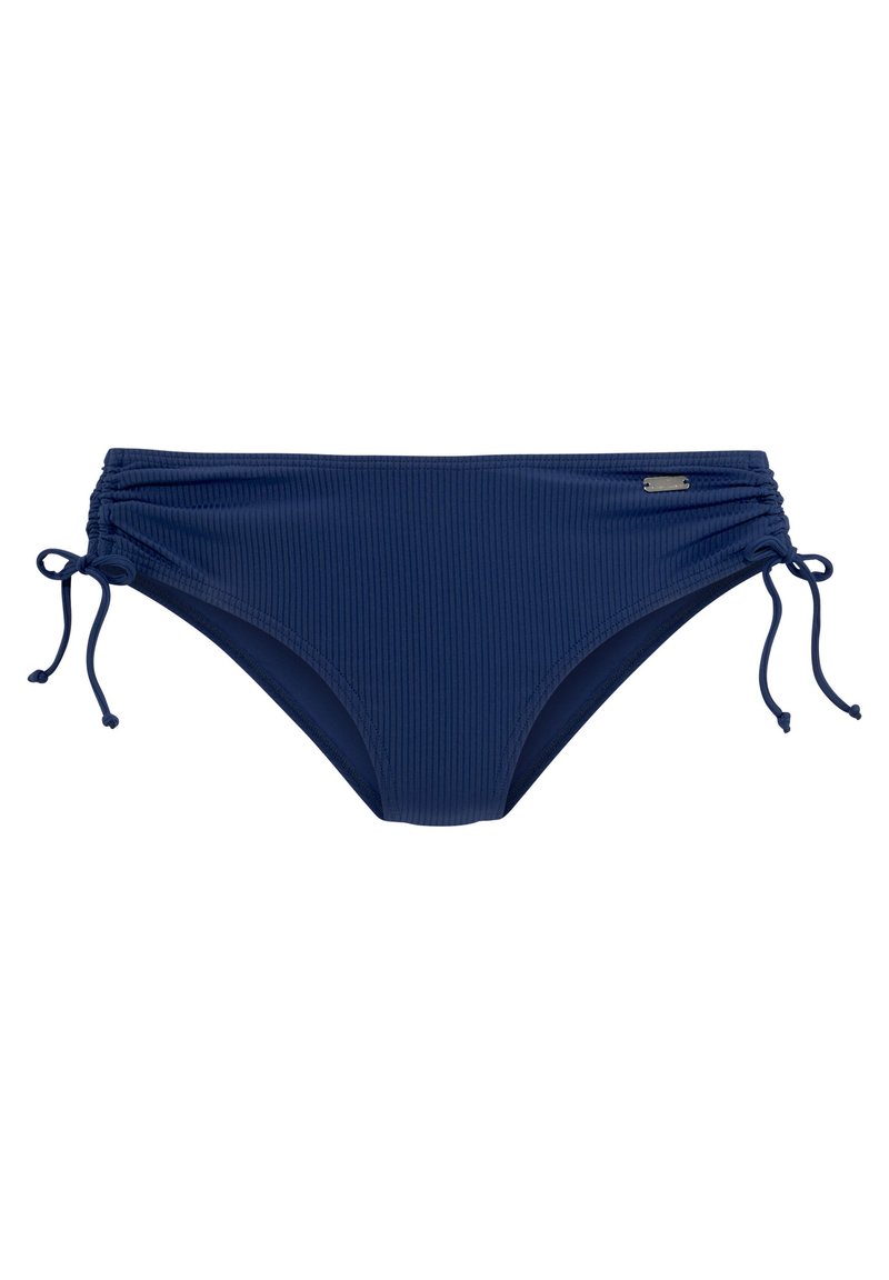 Navy blue bikinihousut, jotka on valmistettu ribatutusta kankaasta ja joissa on säädettävät sivusiteet sekä pieni metallinen yksityiskohta vyötäröllä.