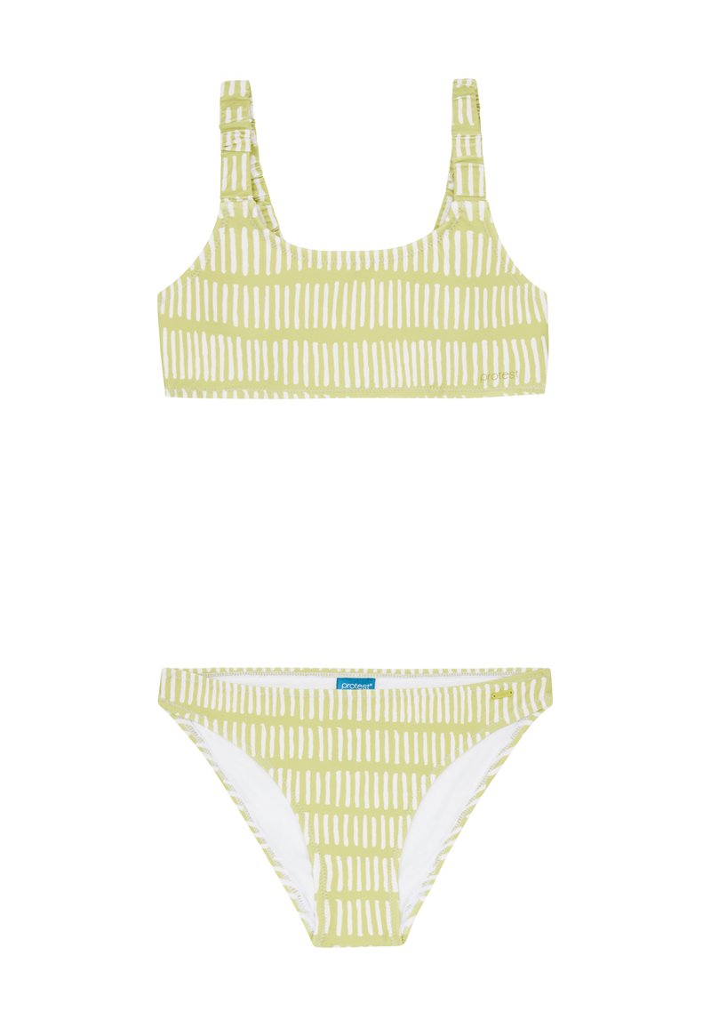 Zeleni bikini set sa prugama koji sadrži top s kvadratnim izrezom, nabranim trakama, i odgovarajući visokizrezani donji dio s bijelim podstavom i detaljem s logotipom.