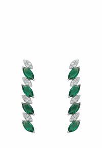 Green and clear gemstone earrings in a vertical arrangement, featuring marquise shapes set in silver-tone metal.