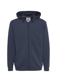 Marineblauwe zip-up hoodie van zacht stof. Bevat een trekkoordcapuchon, voorde zakken en een klein logo op de borst. Gladde textuur.