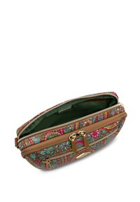 Geplaatste cosmetische tas met een bruine ondergrond, voorzien van kleurrijke bloemmotieven in roze en turquoise, gouden ritssluiting en groene binnenvoering.