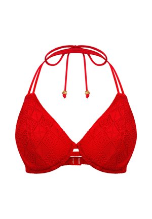 Červený háčkovaný bikinový top ve tvaru trojúhelníku s nastavitelnými ramínky a zlatými ozdobnými korálky. Má strukturovaný vzor a zapínání na sponu.