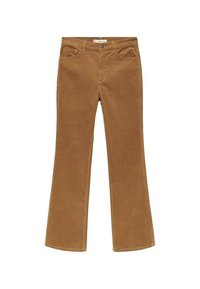 Pantalon évasé en velours côtelé marron avec une texture lisse, poches avant et fermeture par bouton. Comprend une étiquette de taille à la ceinture.
