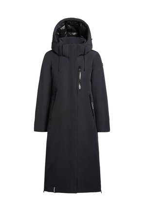 Zwarte lange jas met een capuchon, gemaakt van textuurstof. Voorzien van ritszakken en een recht gesneden ontwerp, wat zorgt voor een slanke silhoutte.