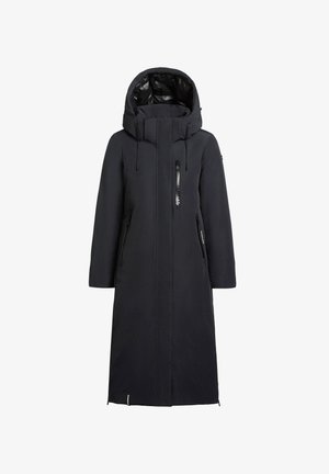 Schwarzer langer Mantel mit Kapuze, aus strukturiertem Stoff gefertigt. Verfügt über einen Reißverschluss und ein gerades Design, das eine schlanke Silhouette bietet.