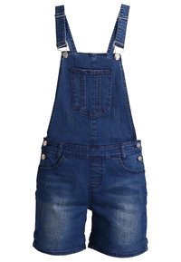 Denim overall shorts in dark blue with adjustable straps, front pocket, and two side pockets. Features metal hardware and a distressed texture.