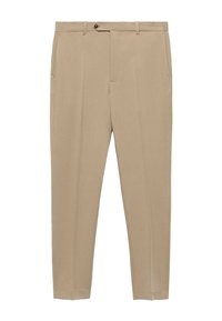 Pantalones beige ajustados de corte recto, con dos bolsillos delanteros, un pliegue frontal y un cierre de botón en la cintura.