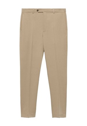 Pantalones beige ajustados de corte recto, con dos bolsillos delanteros, un pliegue frontal y un cierre de botón en la cintura.