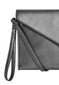 Black faux leather clutch with a triangular flap, zip closure, and detachable wrist strap; smooth texture with minimal stitching detail.