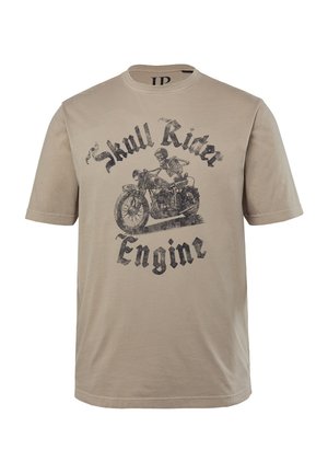 Beige Baumwoll-T-Shirt mit einem Druckgrafik von einem Skelett auf einem Motorrad und dem Text "Skull Rider Engine" in Schwarz. Kurze Ärmel.