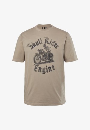 Beige Baumwoll-T-Shirt mit einem Druckgrafik von einem Skelett auf einem Motorrad und dem Text "Skull Rider Engine" in Schwarz. Kurze Ärmel.