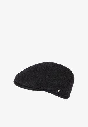 Schwarze Wolle Schirmmütze mit runder Form, glatter Textur und einem kleinen Metalllogo-Akzent an der Seite.