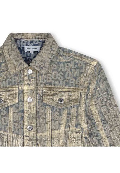 Veste en denim avec une palette de couleurs gris clair et beige. Présente un motif logo en relief sur l'ensemble, une fermeture à boutons sur le devant et deux poches sur la poitrine.