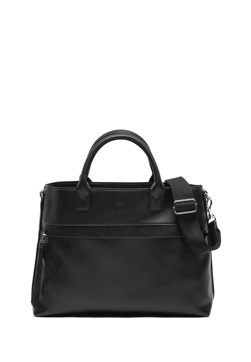 Črna usnjena torbica z dvema zgornjima ročajema in odstranljivim ramehnim trakom. Ima sprednji žep na zadrgo in gladko teksturo.