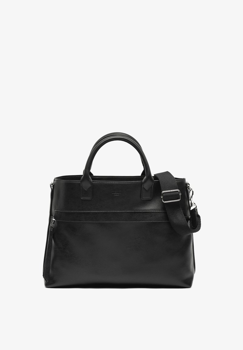 Črna usnjena torbica z dvema zgornjima ročajema in odstranljivim ramehnim trakom. Ima sprednji žep na zadrgo in gladko teksturo.