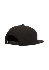 Schwarze Snapback-Cap mit flachem Schild, strukturiertem Stoff, verstellbarem Riemen hinten und einem runden Logostick auf der Seite.