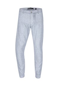 Light blue slim-fit pants with elastic cuffs, button closure, and belt loops, made of textured fabric.