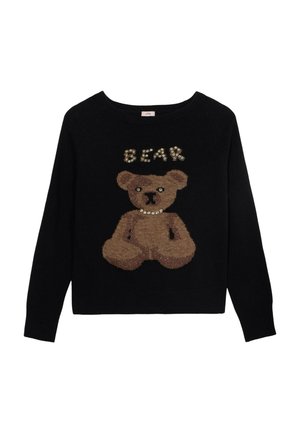 Suéter negro con un diseño texturizado de un oso marrón adornado con lentejuelas, etiquetado "OSO" en un estilo similar sobre el oso.