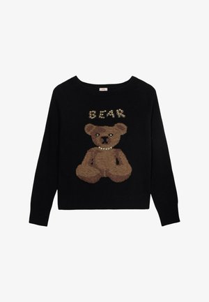 Black sweater featuring a textured brown bear design with sequins, labeled "BEAR" in a similar style above the bear.